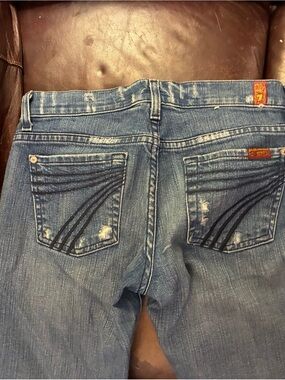 7 For All Mankind Women's Blue Distressed Flare Jeans with Back Pocket Stitch